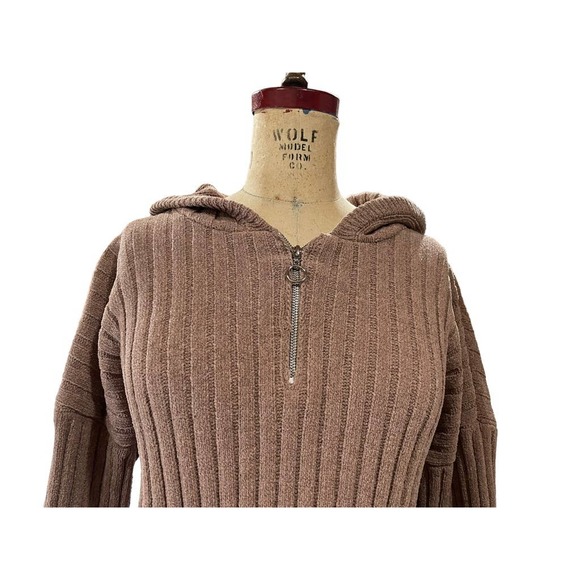 Pink Republic Womens Chenille Hoodie Sweater Brown Ribbed Knit Quarter Zip XL - Picture 4 of 10